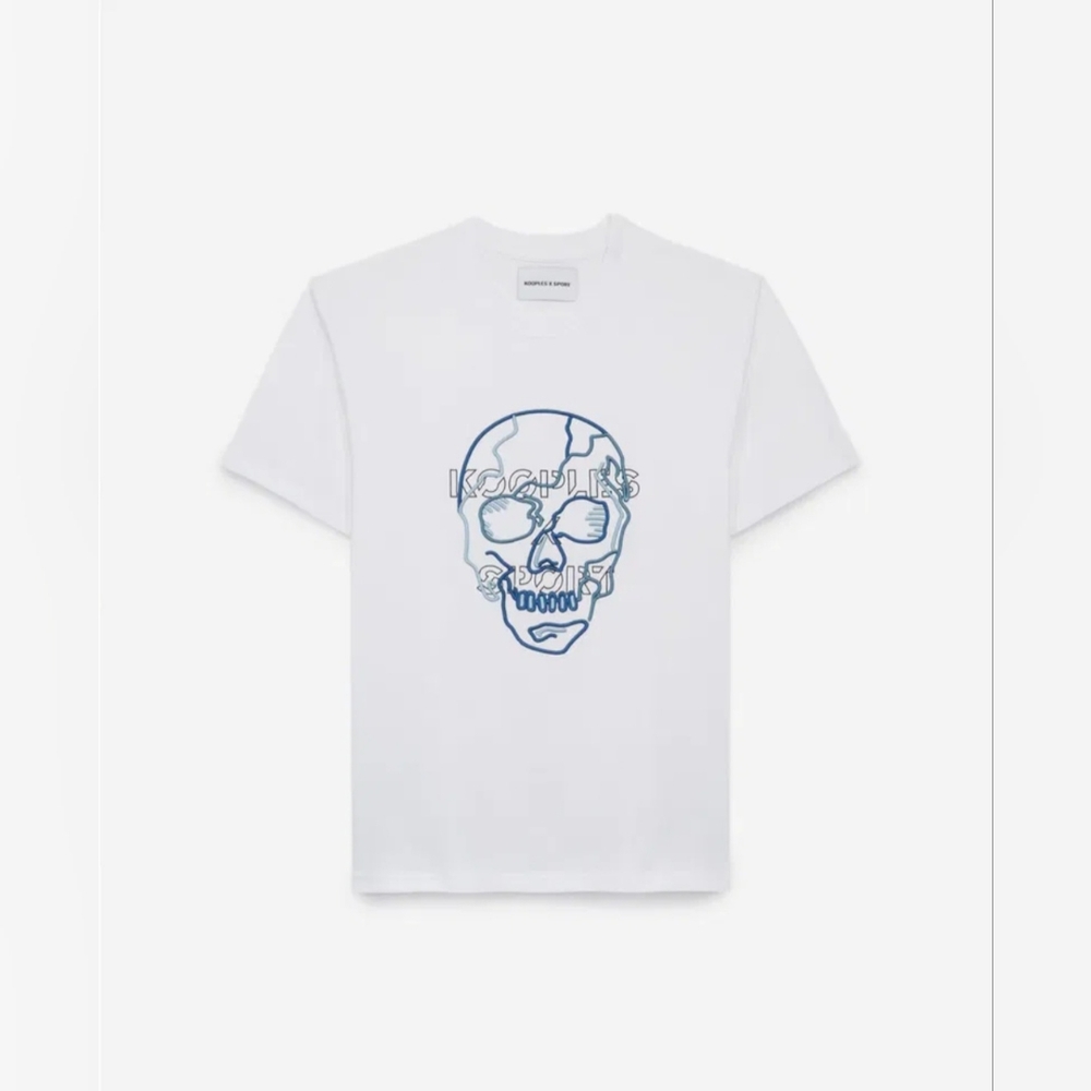 The Kooples Boy T-Shirt With Logo And Embroidered Skull In White And Blue Size S